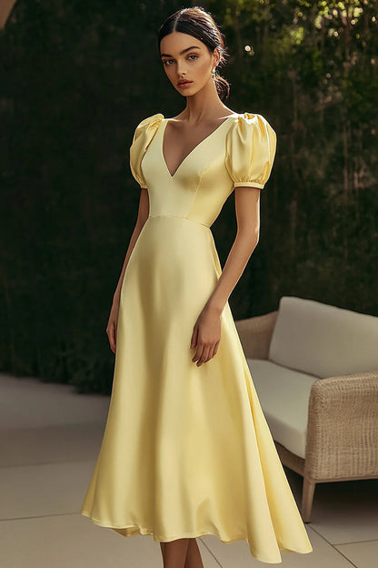 Light Yellow V Neck Prom Dress With Puff Sleeves And Satin A Line Midi Skirt For Formal Evening Party