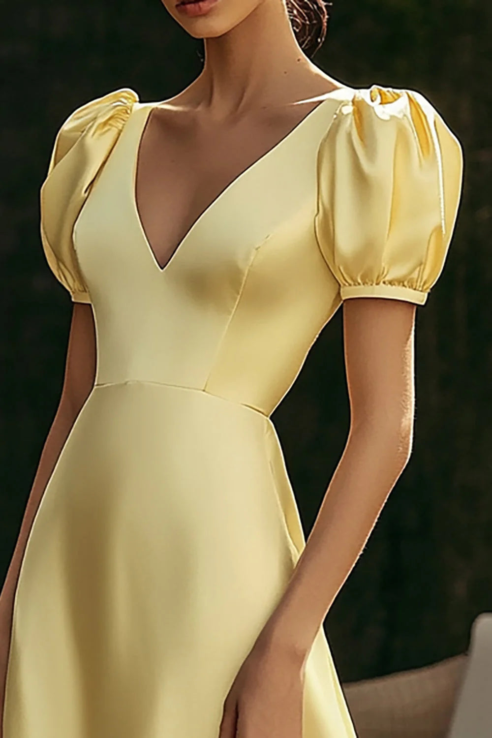 Light Yellow V Neck Prom Dress With Puff Sleeves And Satin A Line Midi Skirt For Formal Evening Party