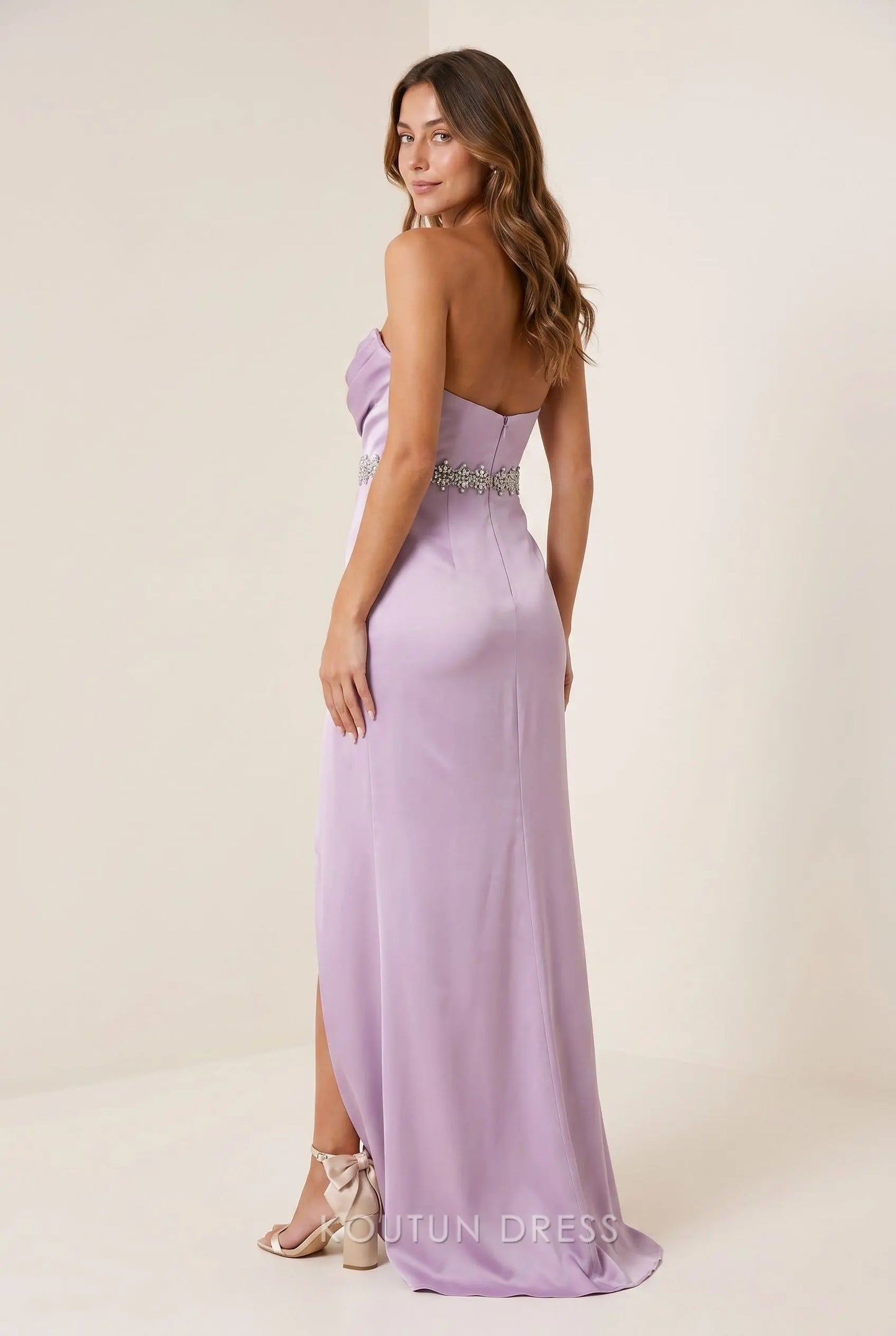 Lilac Satin Strapless Cowl Neck Crystal Rhinestone Waistband Cascading Ruffle High Slit Mermaid Maxi Prom Dress
