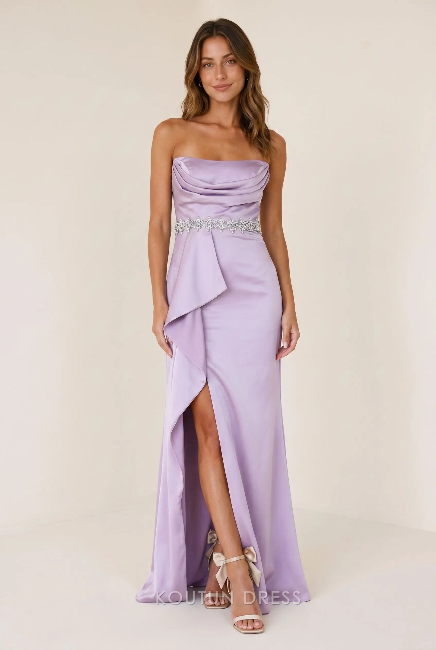 Lilac Satin Strapless Cowl Neck Crystal Rhinestone Waistband Cascading Ruffle High Slit Mermaid Maxi Prom Dress