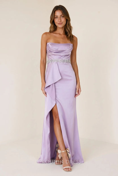 Lilac Satin Strapless Cowl Neck Crystal Rhinestone Waistband Cascading Ruffle High Slit Mermaid Maxi Prom Dress