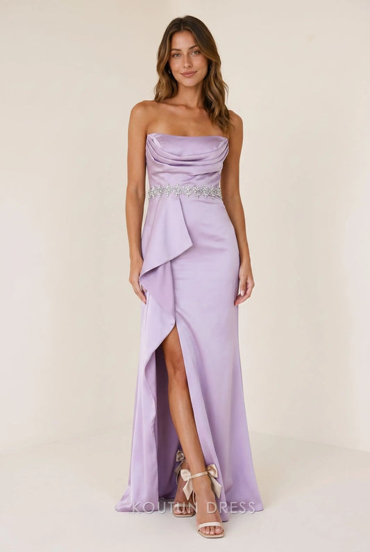 Lilac Satin Strapless Cowl Neck Crystal Rhinestone Waistband Cascading Ruffle High Slit Mermaid Maxi Prom Dress