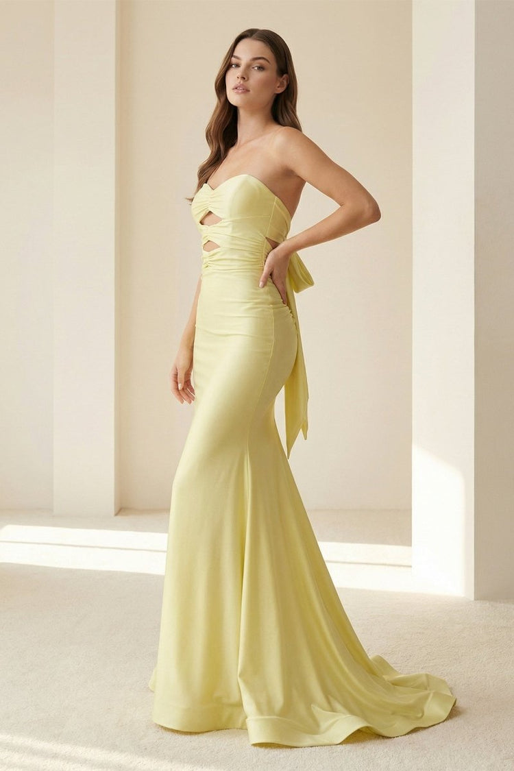 Lilac Satin Strapless Cutout Bow Back Mermaid Prom Dresses