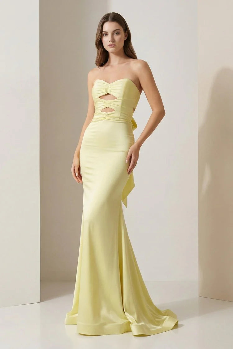 Lilac Satin Strapless Cutout Bow Back Mermaid Prom Dresses