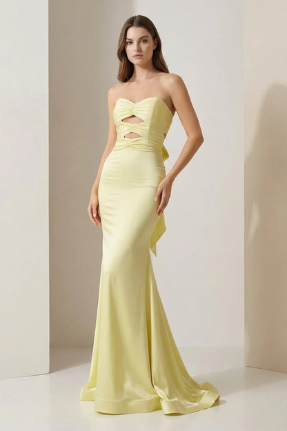 Lilac Satin Strapless Cutout Bow Back Mermaid Prom Dresses