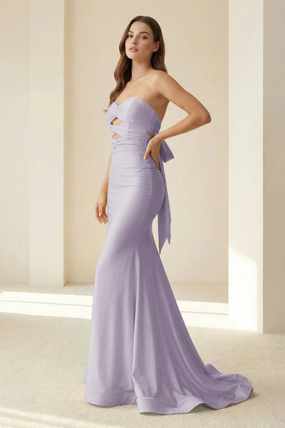Lilac Satin Strapless Cutout Bow Back Mermaid Prom Dresses