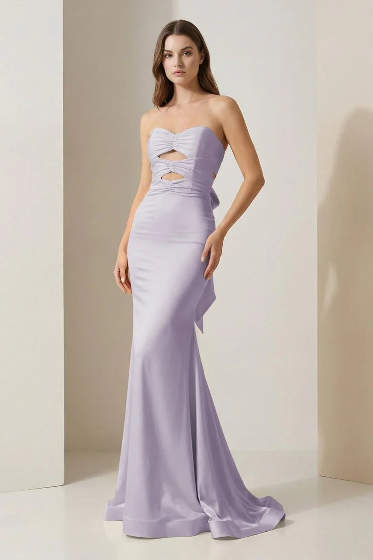 Lilac Satin Strapless Cutout Bow Back Mermaid Prom Dresses