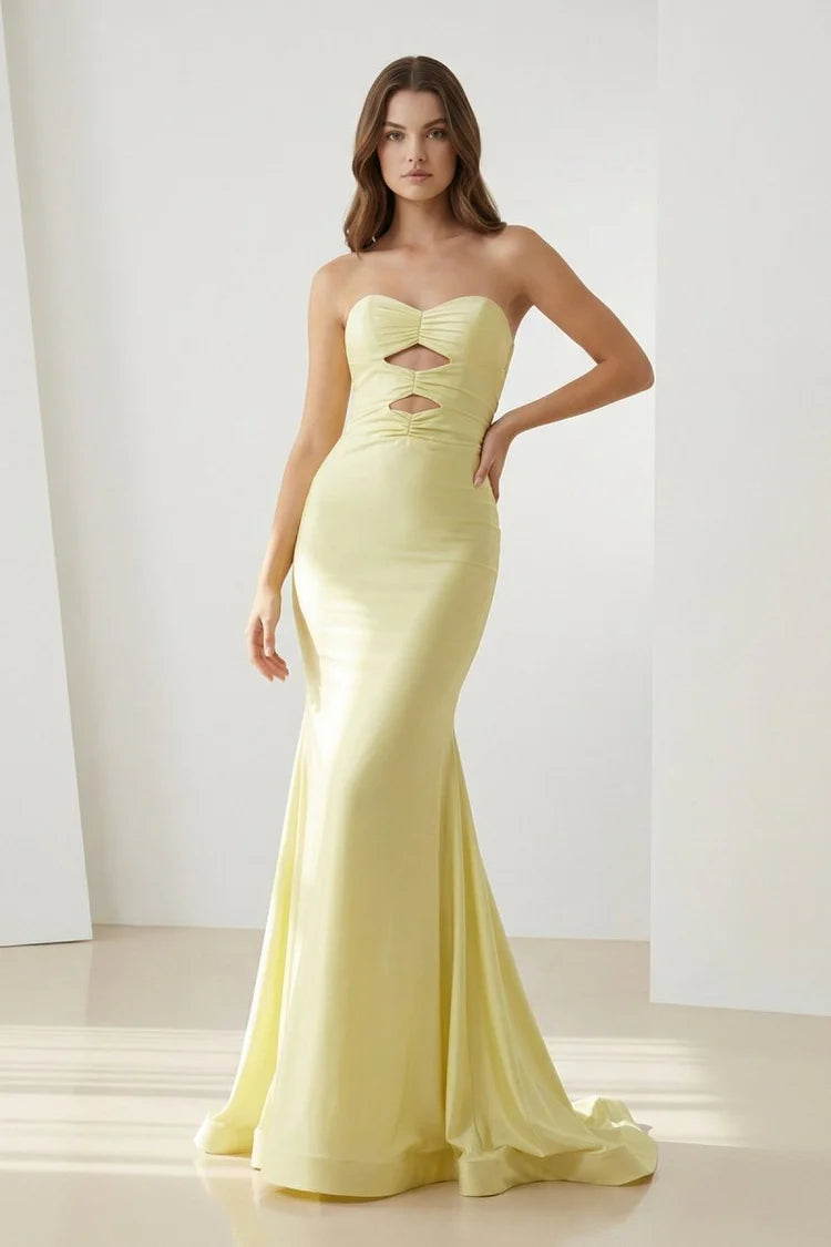 Lilac Satin Strapless Cutout Bow Back Mermaid Prom Dresses
