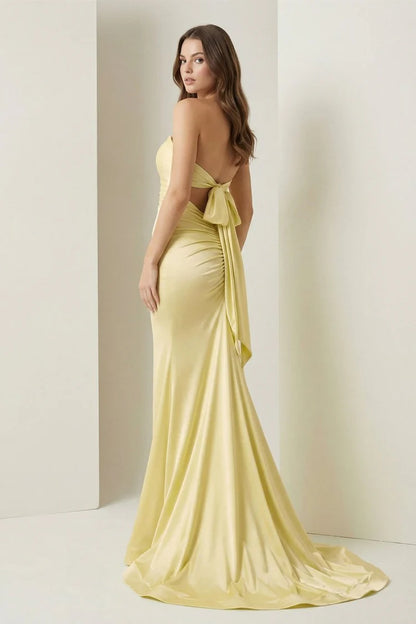 Lilac Satin Strapless Cutout Bow Back Mermaid Prom Dresses