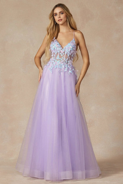 Lilac Spaghetti Strap 3D Floral Corset Lace-Up Back Glitter Tulle Maxi Evening Dress