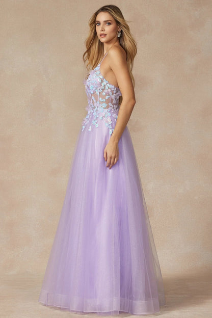 Lilac Spaghetti Strap 3D Floral Corset Lace-Up Back Glitter Tulle Maxi Evening Dress