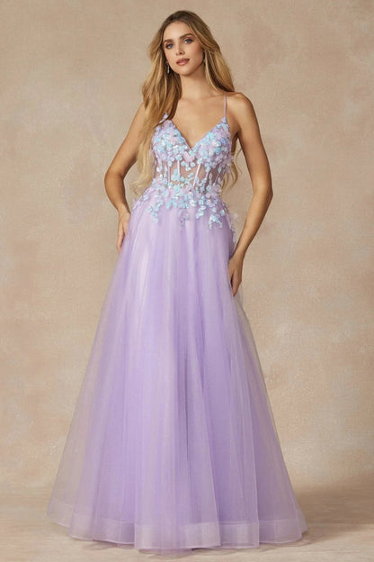 Lilac Spaghetti Strap 3D Floral Corset Lace-Up Back Glitter Tulle Maxi Evening Dress