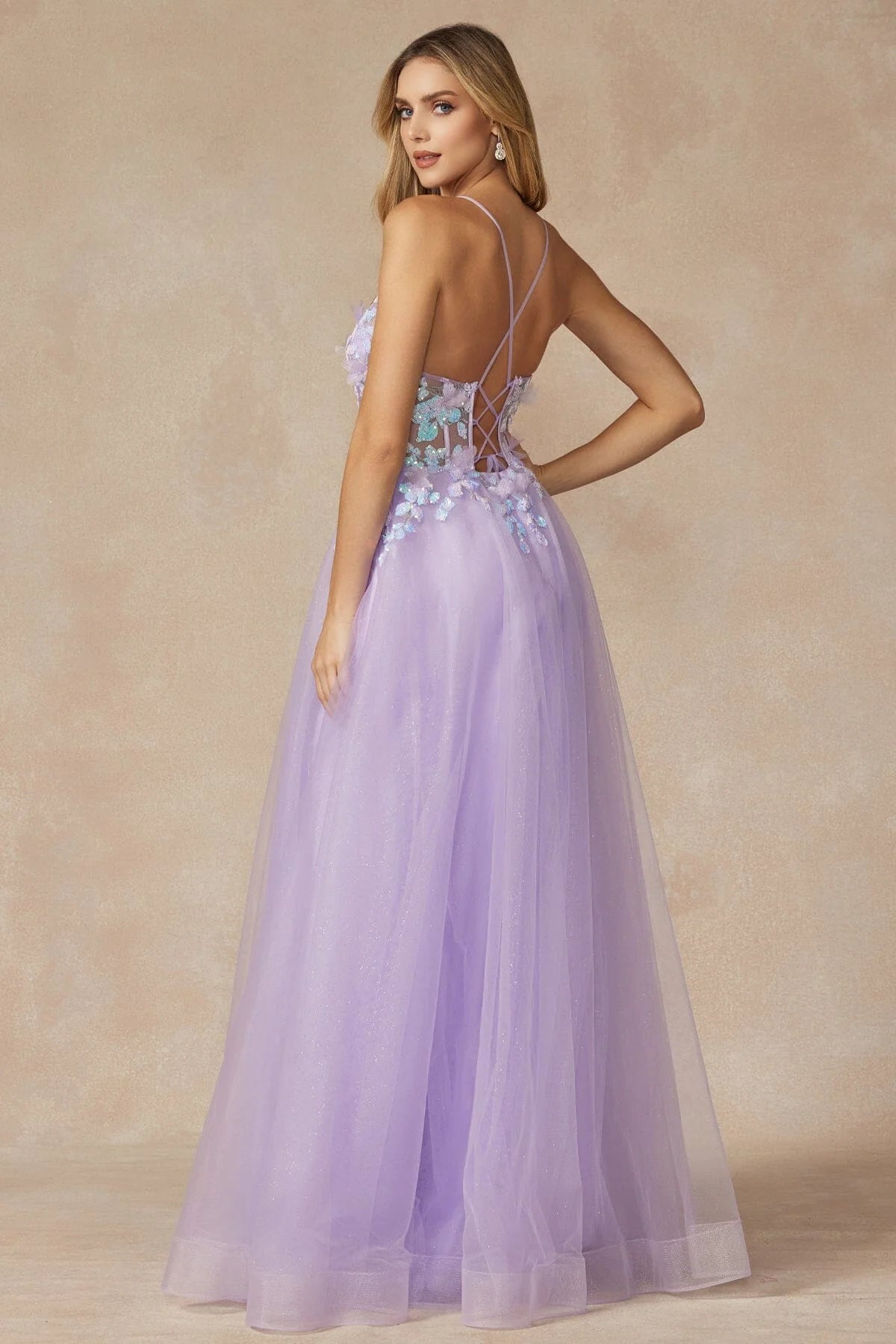 Lilac Spaghetti Strap 3D Floral Corset Lace-Up Back Glitter Tulle Maxi Evening Dress