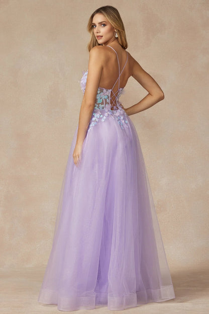Lilac Spaghetti Strap 3D Floral Corset Lace-Up Back Glitter Tulle Maxi Evening Dress