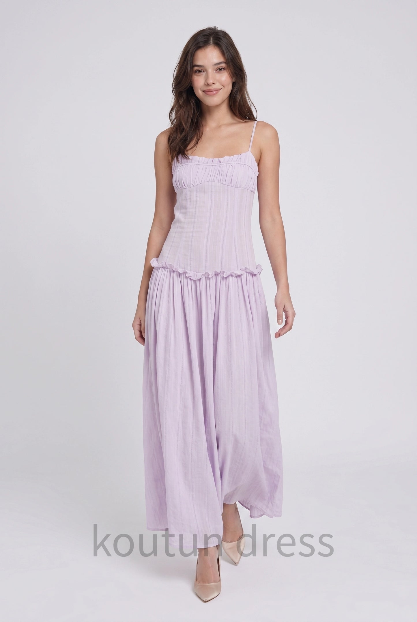 Lilac Spaghetti Strap Ruched Bust Ruffle Waist Tiered Cotton Maxi Formal Evening Prom Dress