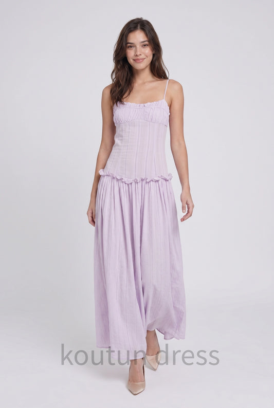 Lilac Spaghetti Strap Ruched Bust Ruffle Waist Tiered Cotton Maxi Formal Evening Prom Dress