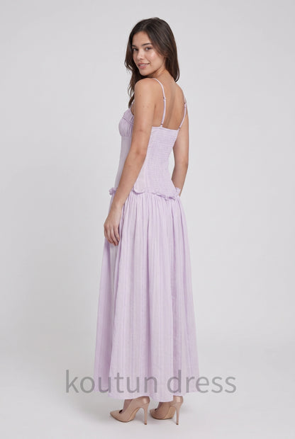 Lilac Spaghetti Strap Ruched Bust Ruffle Waist Tiered Cotton Maxi Formal Evening Prom Dress