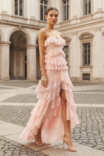 Lilac Strapless Asymmetrical Ruffle Tiered Prom Dresses