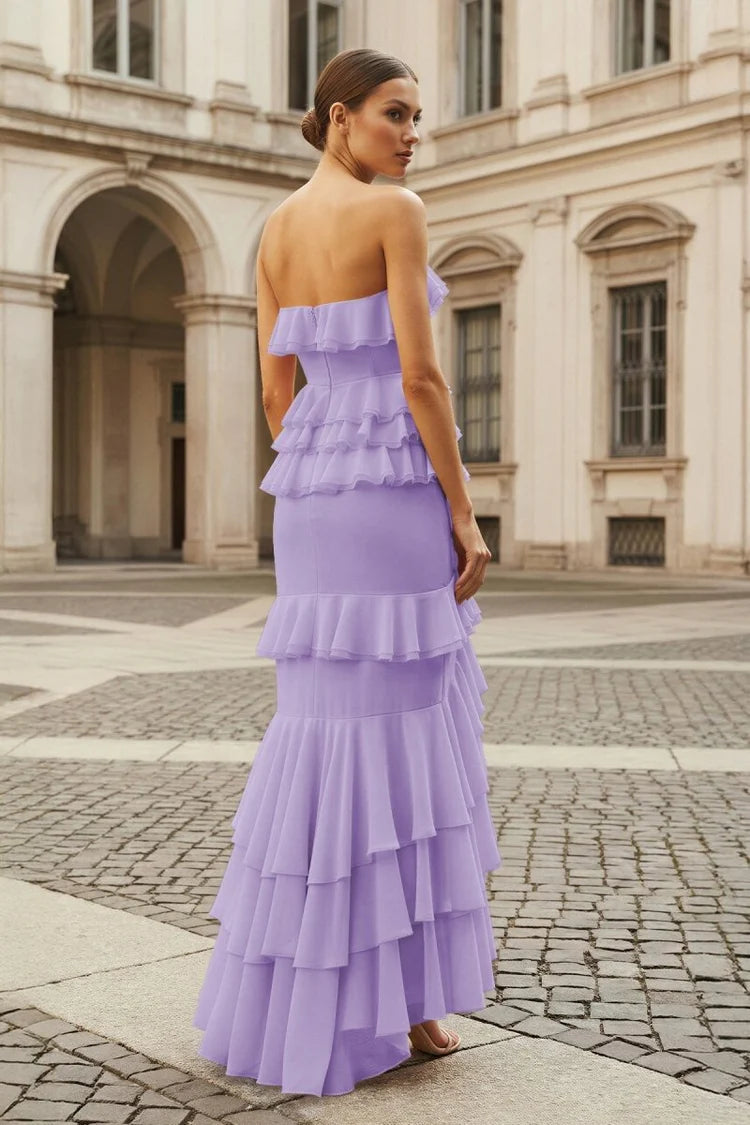 Lilac Strapless Asymmetrical Ruffle Tiered Prom Dresses