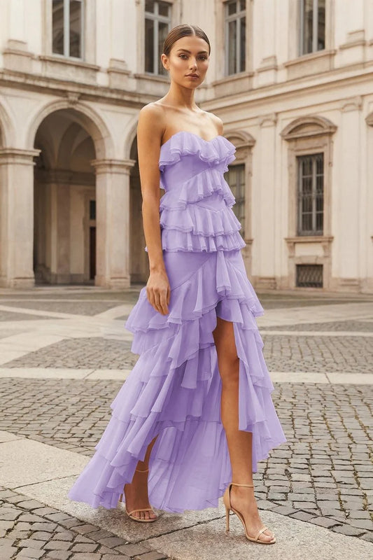 Lilac Strapless Asymmetrical Ruffle Tiered Prom Dresses