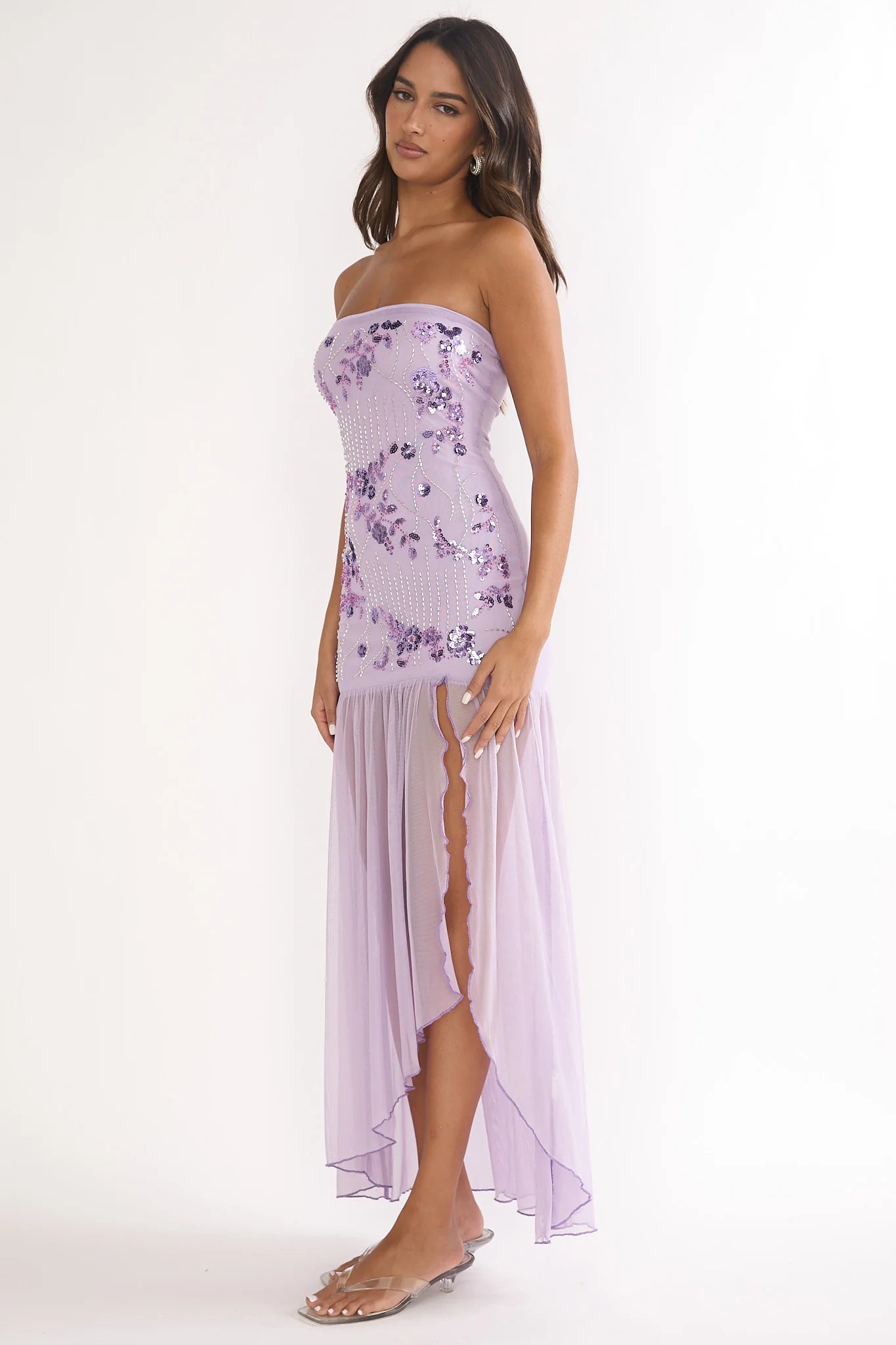 Lilac Strapless Beaded Floral Sheer Tulle High Slit Maxi Prom Dress