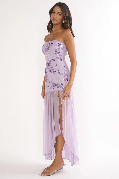 Lilac Strapless Beaded Floral Sheer Tulle High Slit Maxi Prom Dress