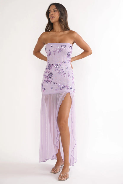 Lilac Strapless Beaded Floral Sheer Tulle High Slit Maxi Prom Dress