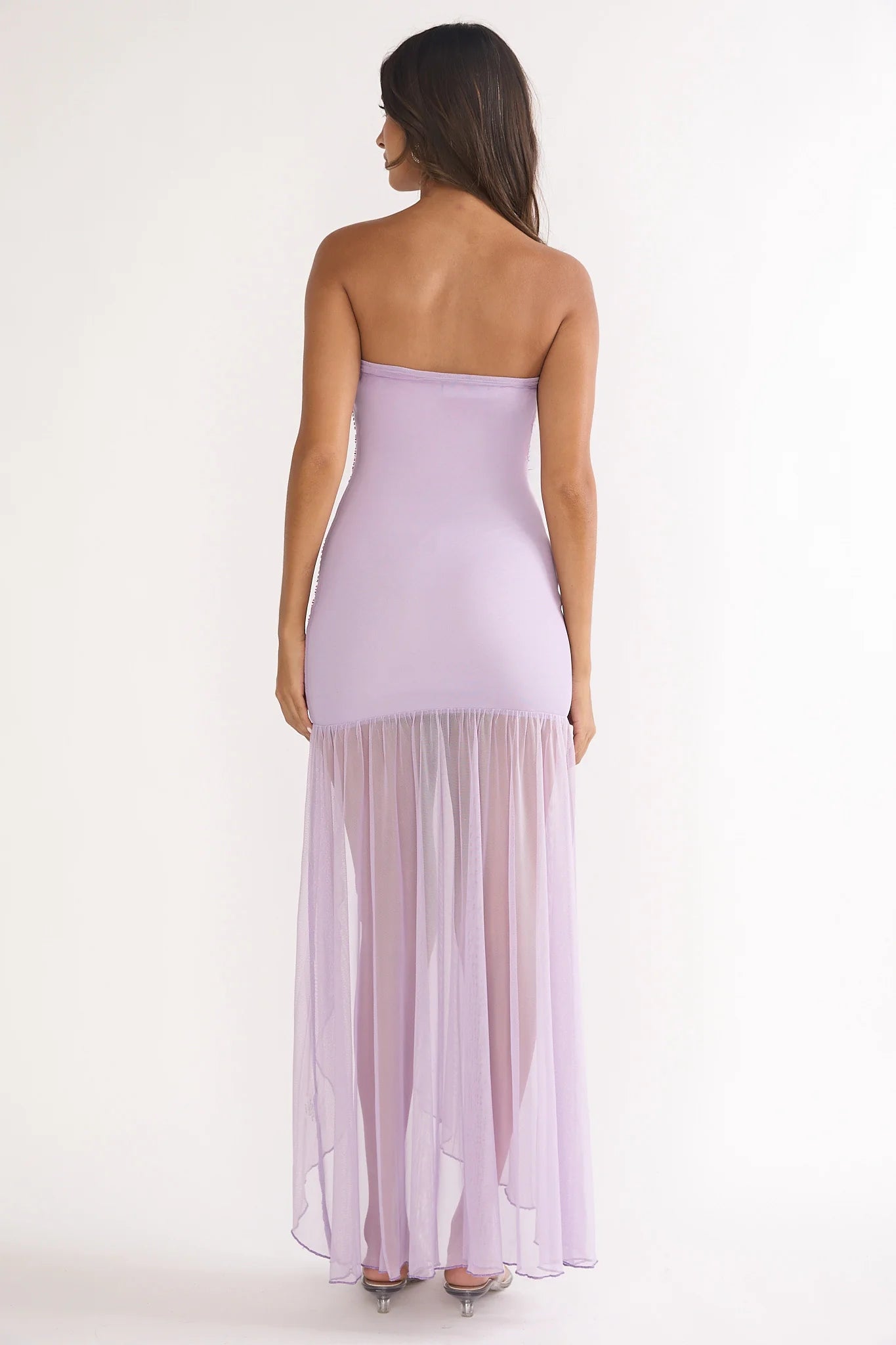 Lilac Strapless Beaded Floral Sheer Tulle High Slit Maxi Prom Dress