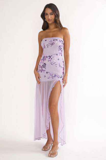 Lilac Strapless Beaded Floral Sheer Tulle High Slit Maxi Prom Dress