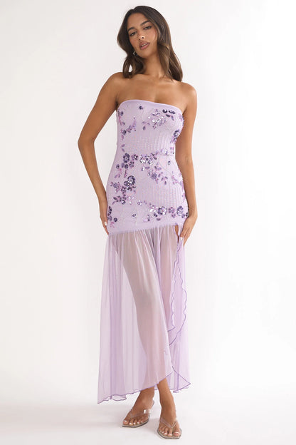 Lilac Strapless Beaded Floral Sheer Tulle High Slit Maxi Prom Dress