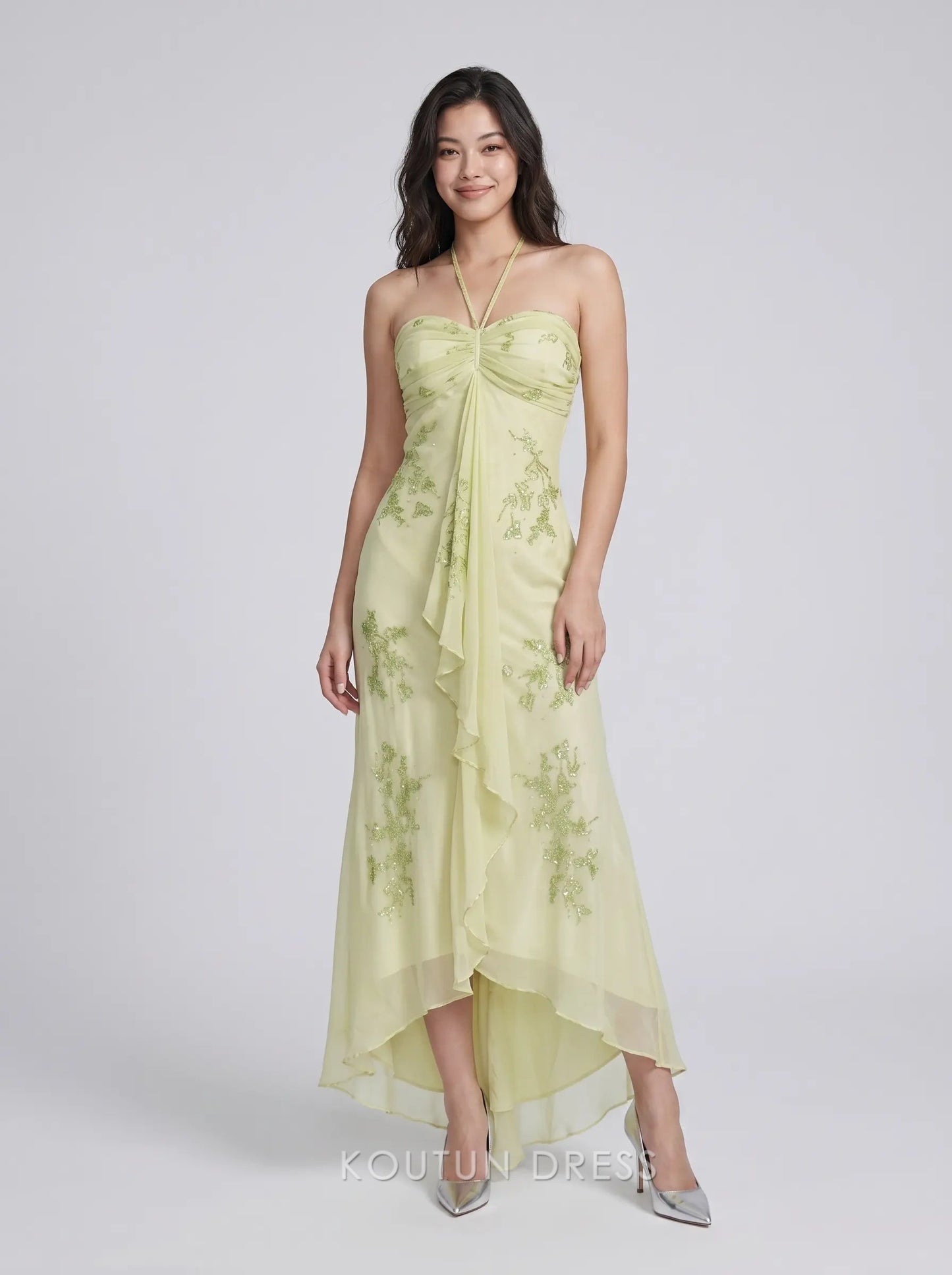 Lime Green Halter Neck Strapless Ruched Beaded Floral Appliqué High Low Chiffon Formal Evening Prom Dress