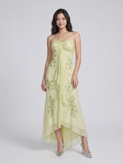 Lime Green Halter Neck Strapless Ruched Beaded Floral Appliqué High Low Chiffon Formal Evening Prom Dress