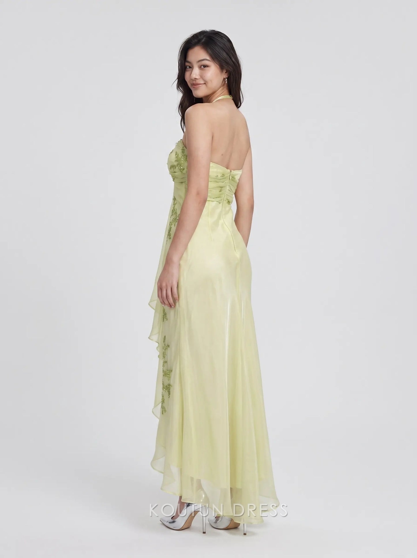 Lime Green Halter Neck Strapless Ruched Beaded Floral Appliqué High Low Chiffon Formal Evening Prom Dress