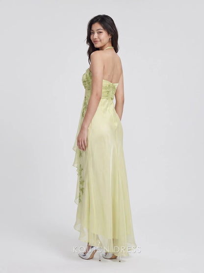 Lime Green Halter Neck Strapless Ruched Beaded Floral Appliqué High Low Chiffon Formal Evening Prom Dress