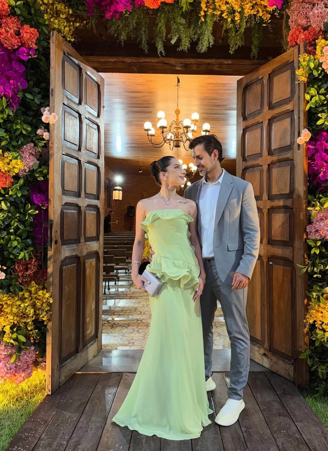 Lime Green Strapless Prom Dress With Ruffle Peplum Detail And Open Back Chiffon Formal Prom Dress