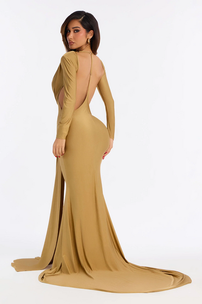 Long Sleeve Backless Draped Knotted Mermaid Train Evening Dress