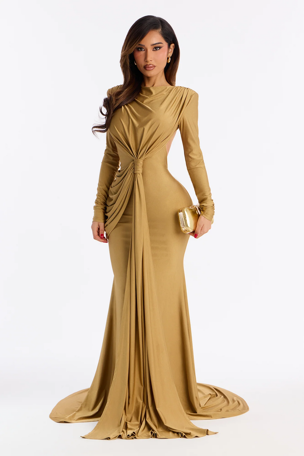 Long Sleeve Backless Draped Knotted Mermaid Train Evening Dress