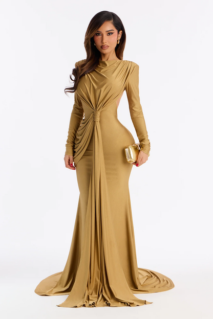 Long Sleeve Backless Draped Knotted Mermaid Train Evening Dress