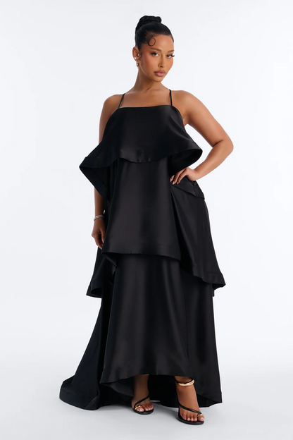 Loose tiered square spaghetti strap low back maxi evening dress