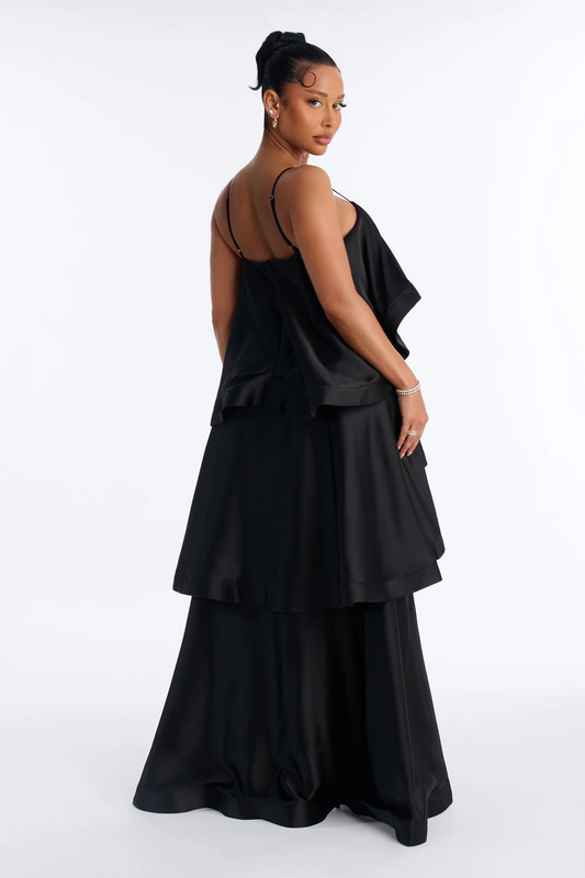 Loose tiered square spaghetti strap low back maxi evening dress