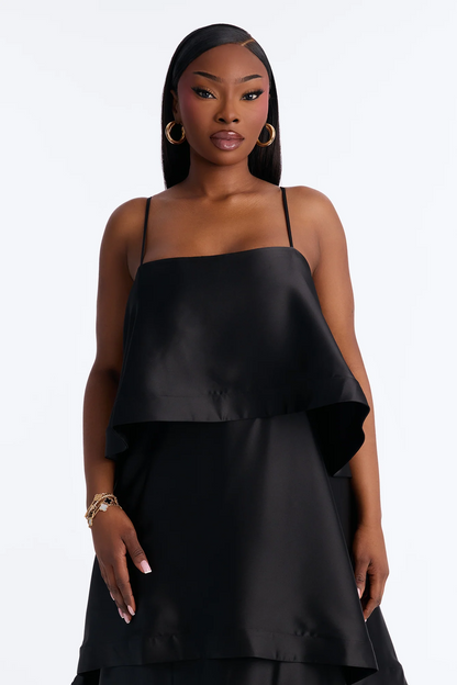 Loose tiered square spaghetti strap low back maxi evening dress