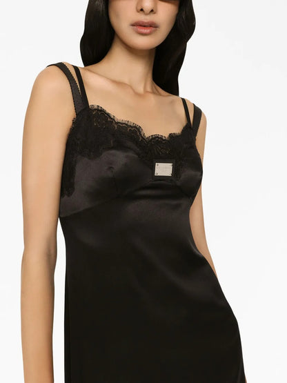 Luxe Black Satin Lace-Trimmed Slip Evening Dress
