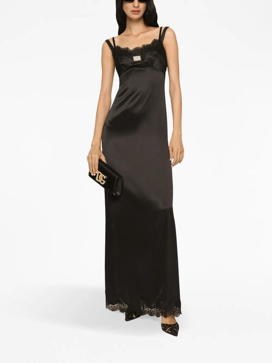 Luxe Black Satin Lace-Trimmed Slip Evening Dress