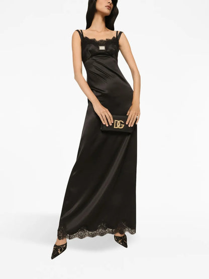 Luxe Black Satin Lace-Trimmed Slip Evening Dress