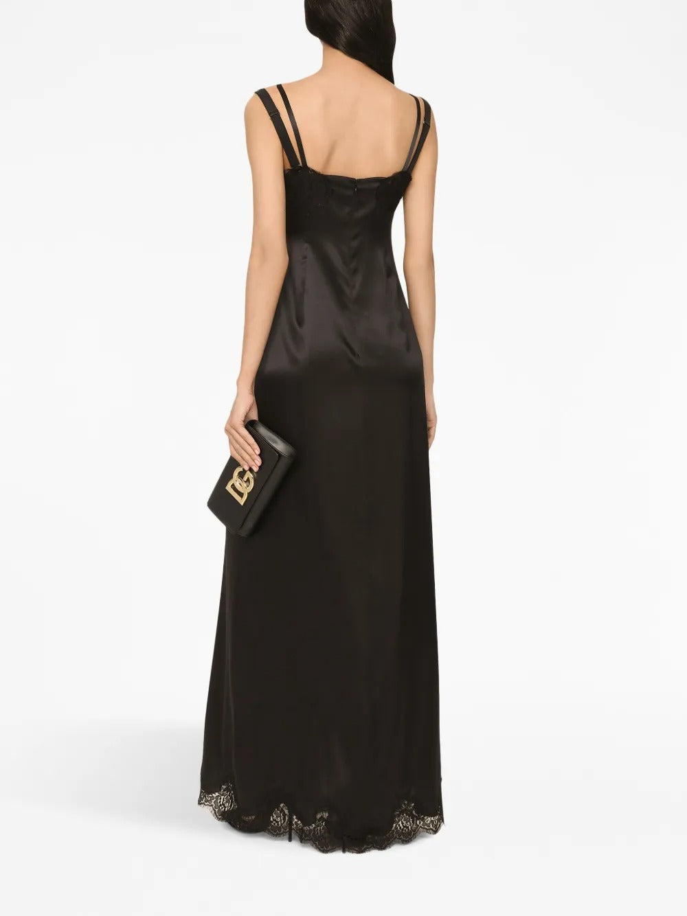 Luxe Black Satin Lace-Trimmed Slip Evening Dress