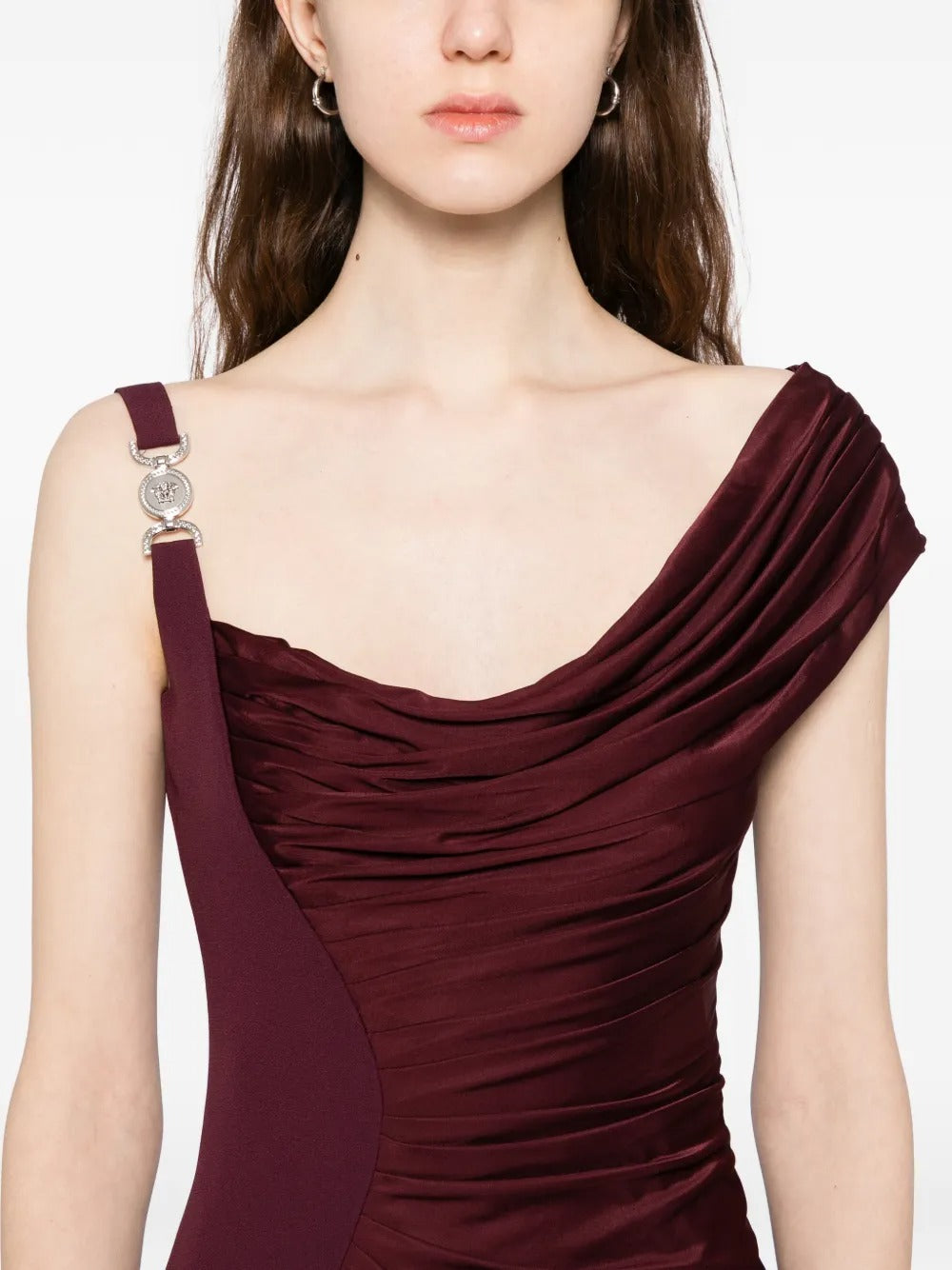 Luxe Burgundy Asymmetric Ruched Satin Maxi Dress