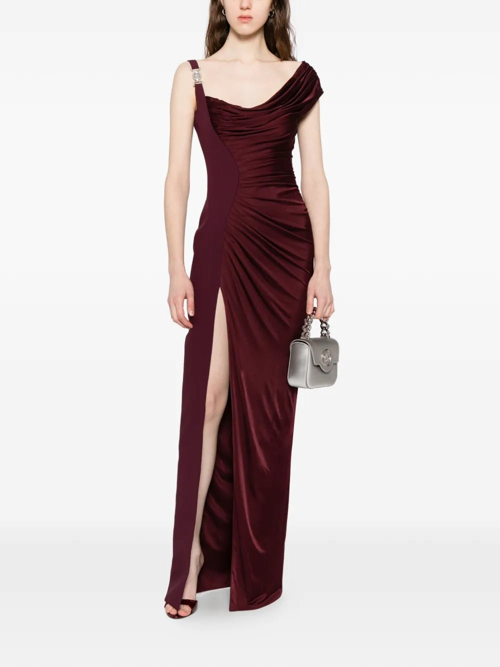 Luxe Burgundy Asymmetric Ruched Satin Maxi Dress