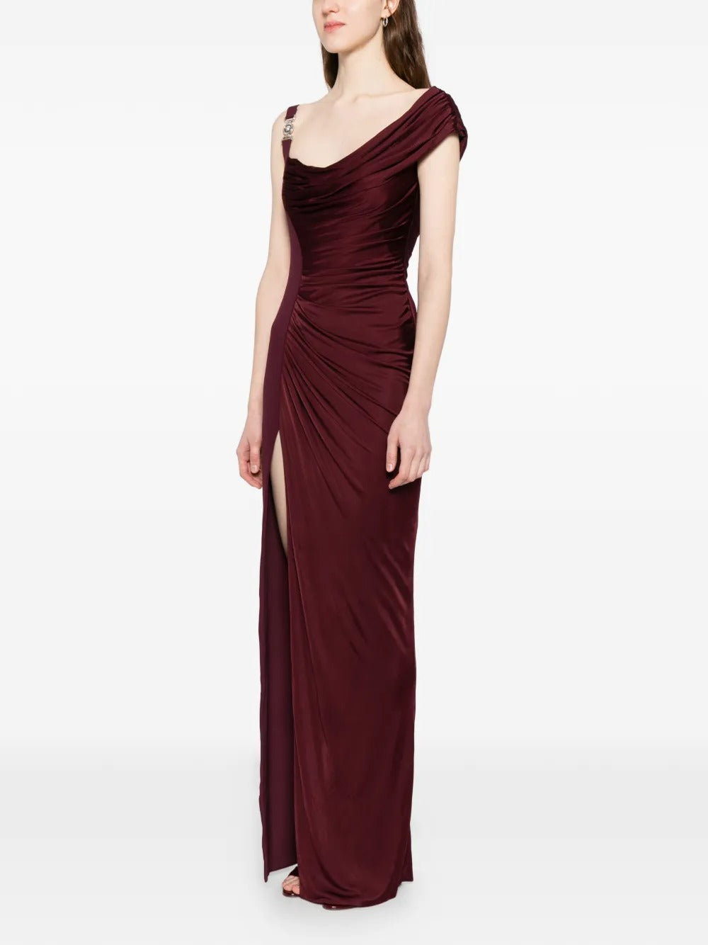 Luxe Burgundy Asymmetric Ruched Satin Maxi Dress