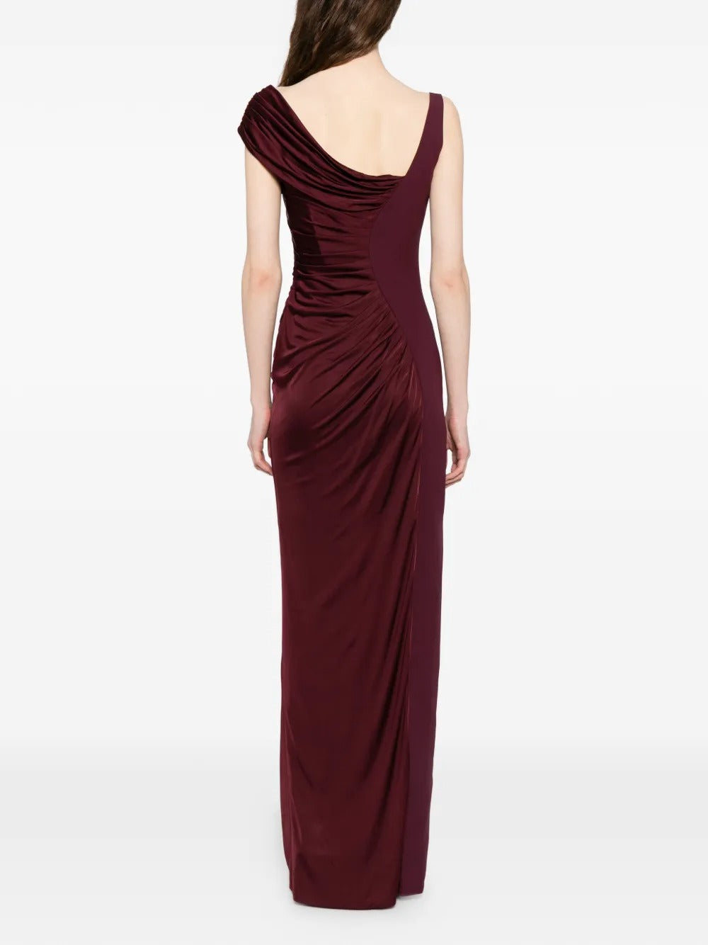 Luxe Burgundy Asymmetric Ruched Satin Maxi Dress