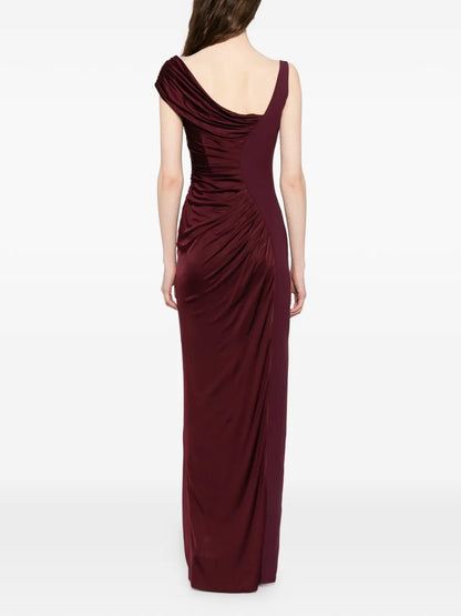Luxe Burgundy Asymmetric Ruched Satin Maxi Dress